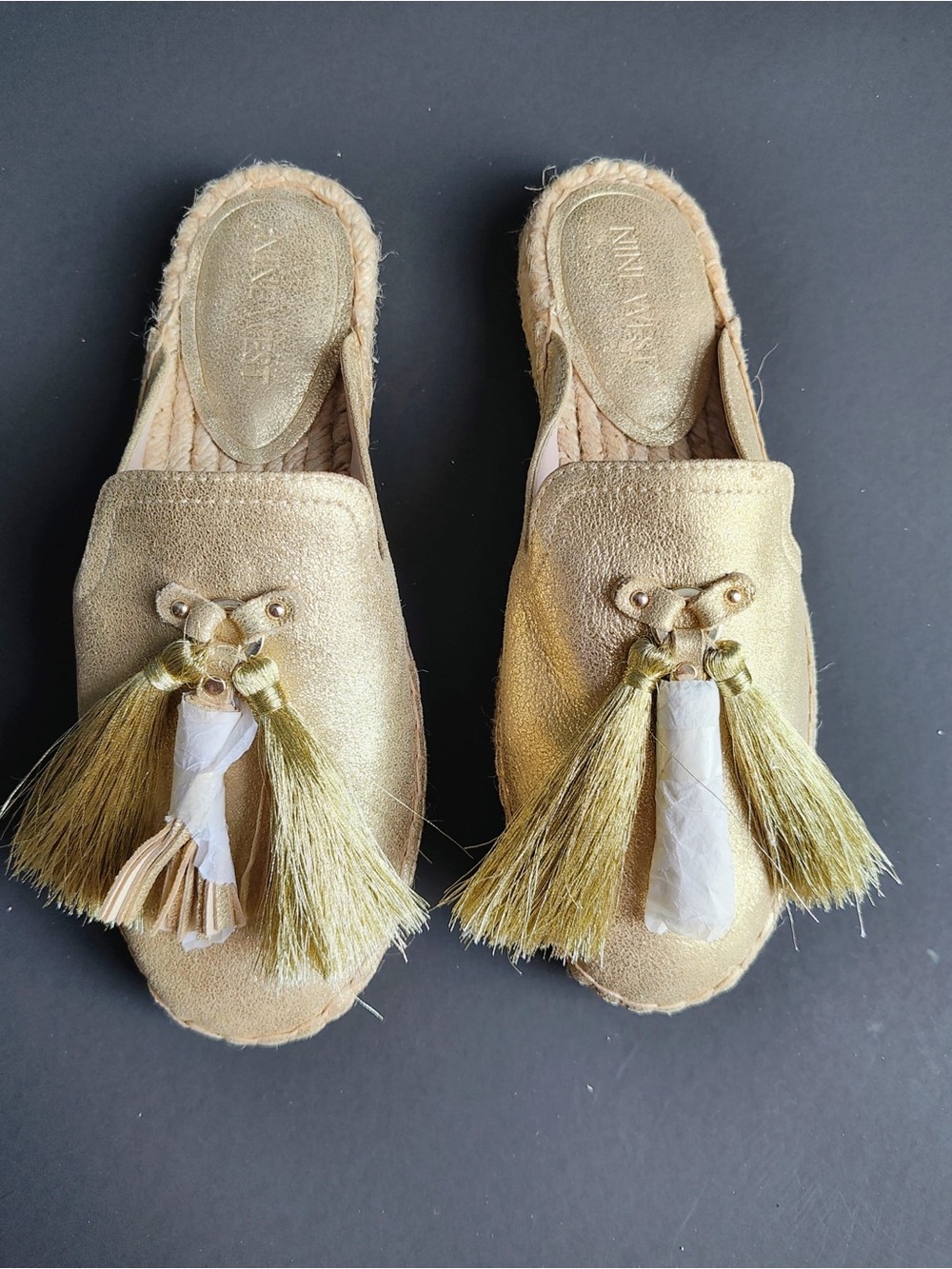 Nine West Gold Leather Tasseled Mules (New, Size 5.5)